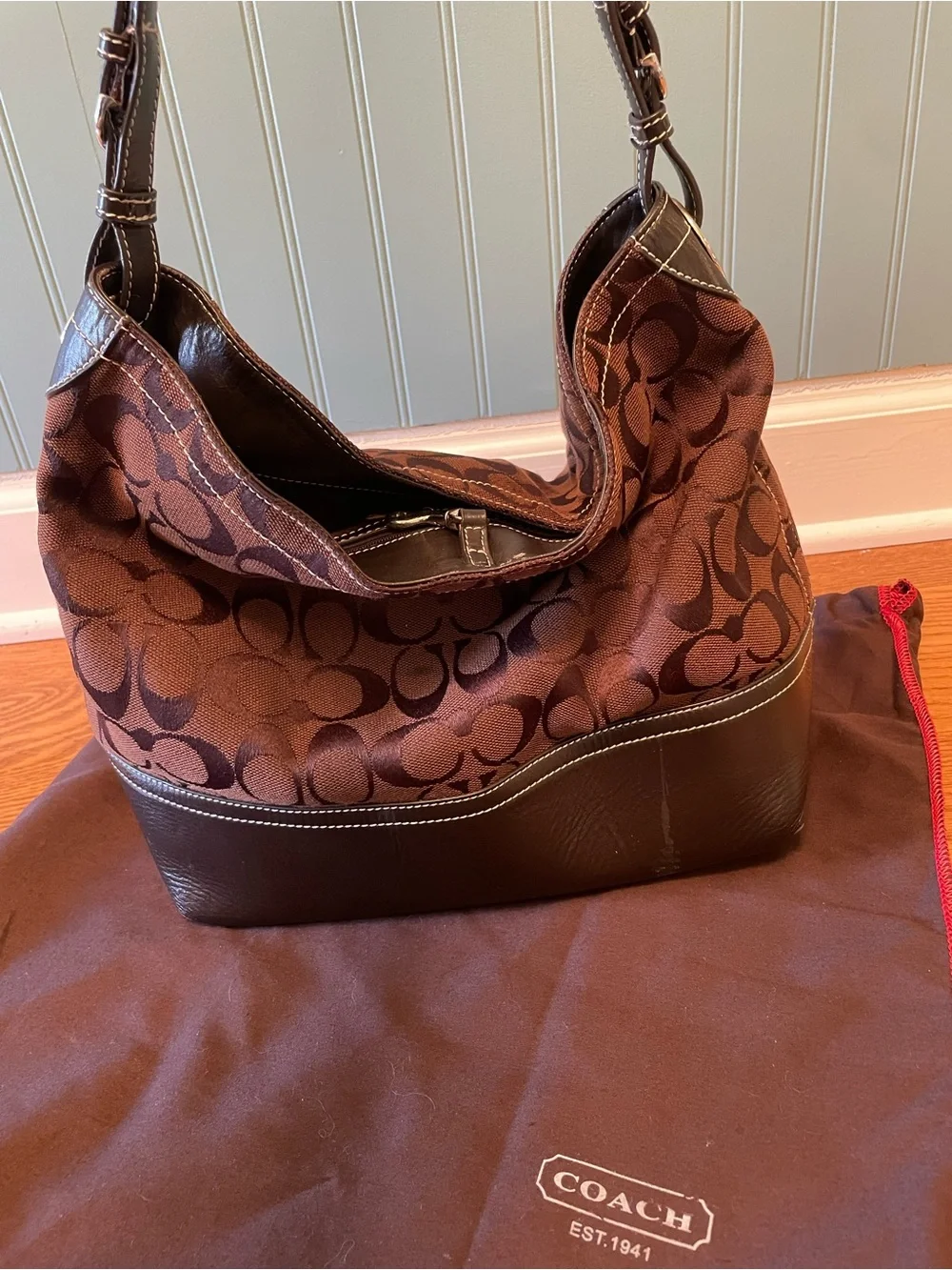 Coach Brown Signature Canvas & Dark Brown Leather Handbag